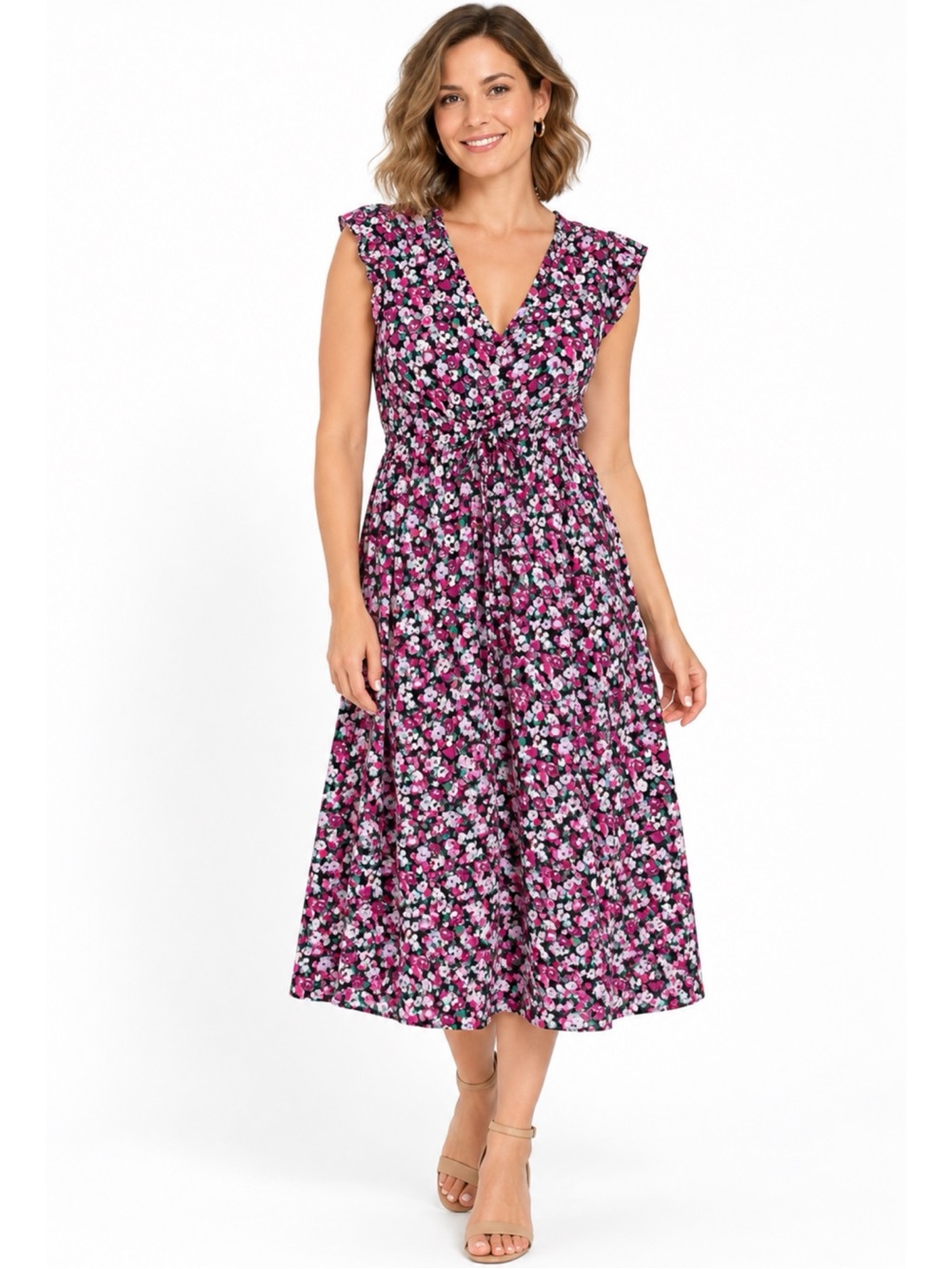 J. CREW | Floral Print Ruffle Cap Sleeve V-Neck Midi Dress Sz. 12 Cottagecore